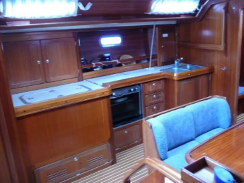 Galley of SY Zoe, a Bavaria 47 sailboat at Kontokali, Greece