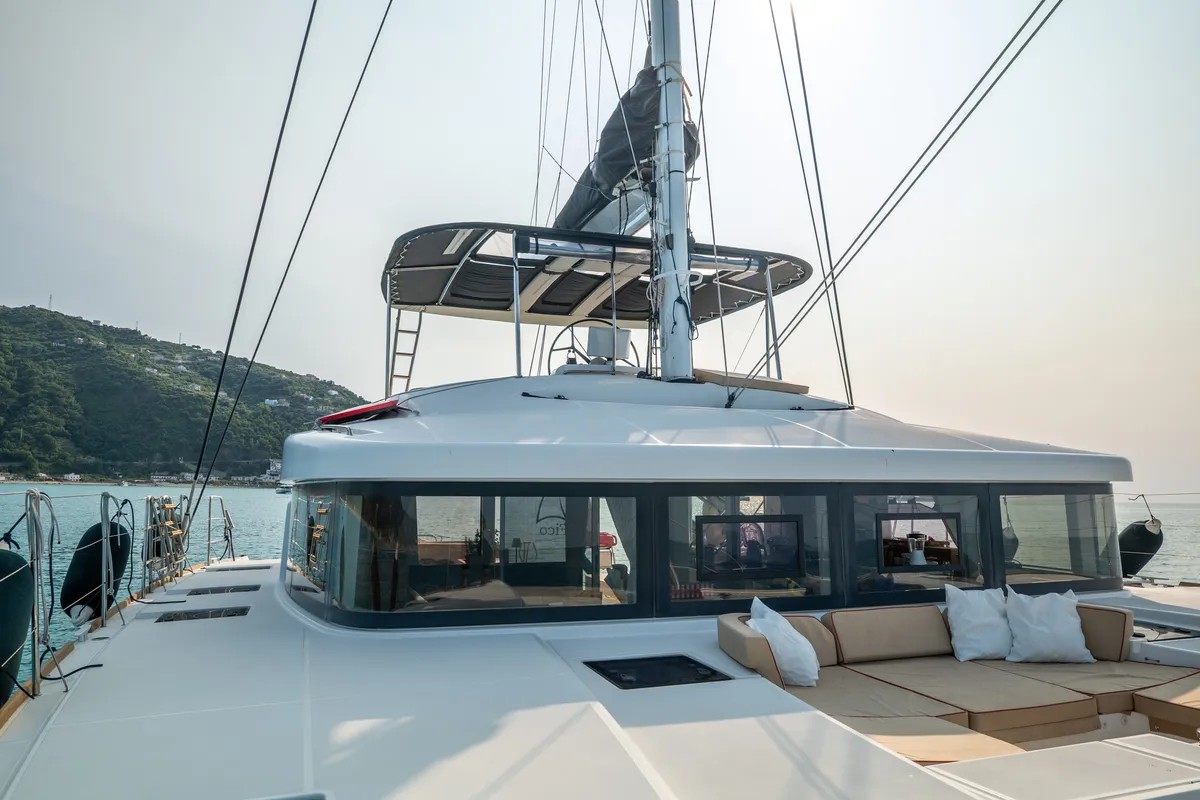 Deck of Fico - Premium line , a Lagoon 52F catamaran at Tonnarella, Italy