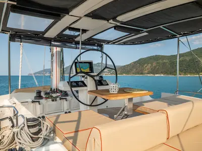 Cockpit of Fico - Premium line , a Lagoon 52F catamaran at Tonnarella, Italy