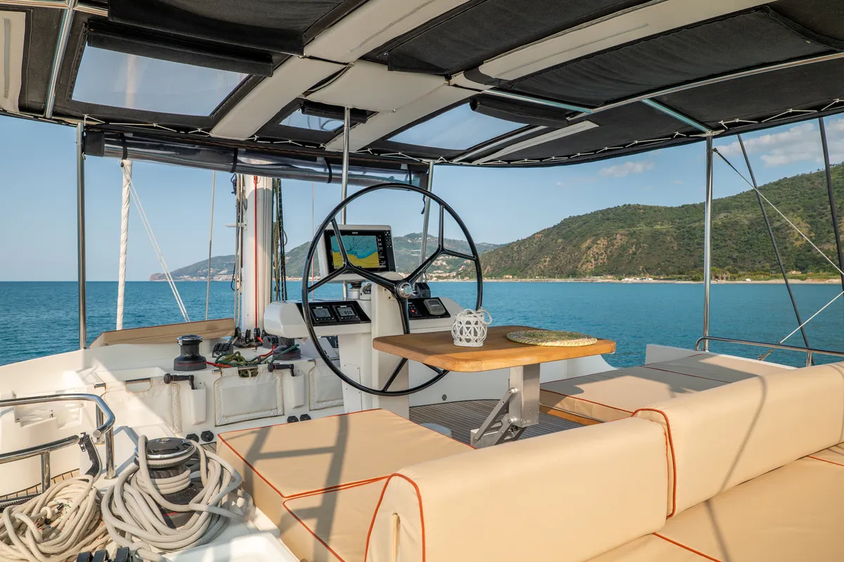 Cockpit of Fico - Premium line , a Lagoon 52F catamaran at Tonnarella, Italy