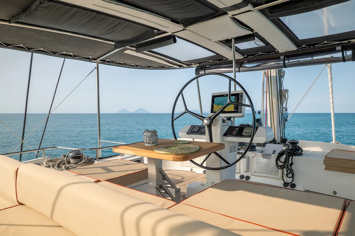 Cockpit of Fico - Premium line , a Lagoon 52F catamaran at Tonnarella, Italy