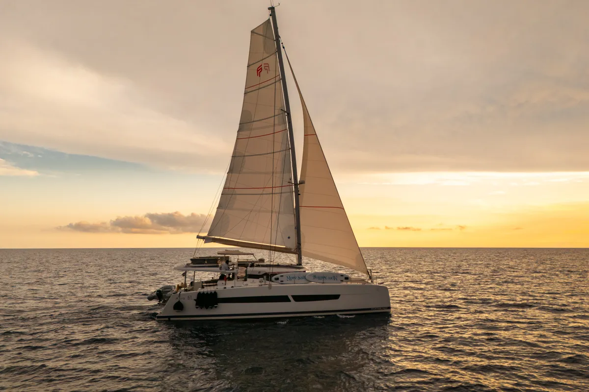 Exterior view of Tranquillity II, a Fountaine Pajot Aura 51 catamaran at Grand Anse, Grenada