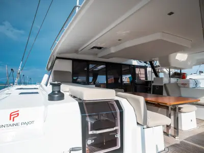 Deck of Tranquillity II, a Fountaine Pajot Aura 51 catamaran at Grand Anse, Grenada