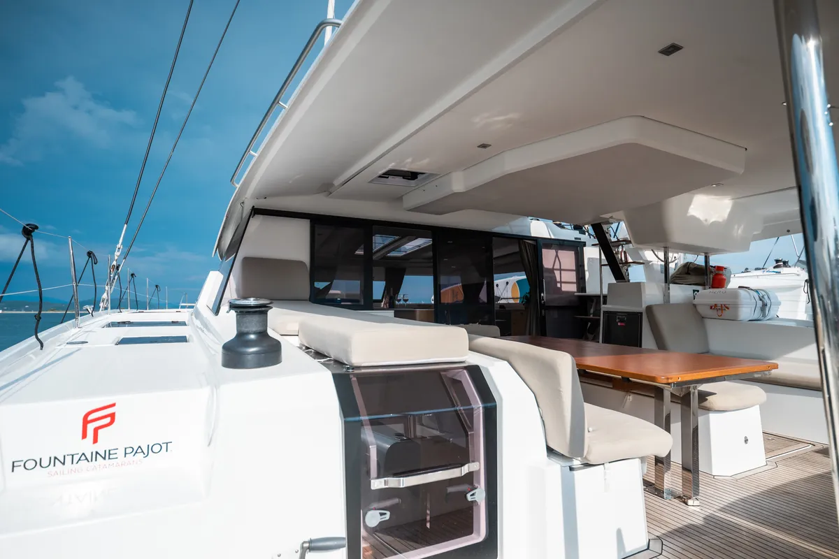 Deck of Tranquillity II, a Fountaine Pajot Aura 51 catamaran at Grand Anse, Grenada
