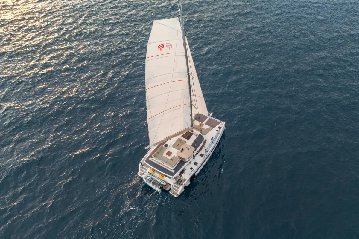 Exterior view of Tranquillity II, a Fountaine Pajot Aura 51 catamaran at Grand Anse, Grenada