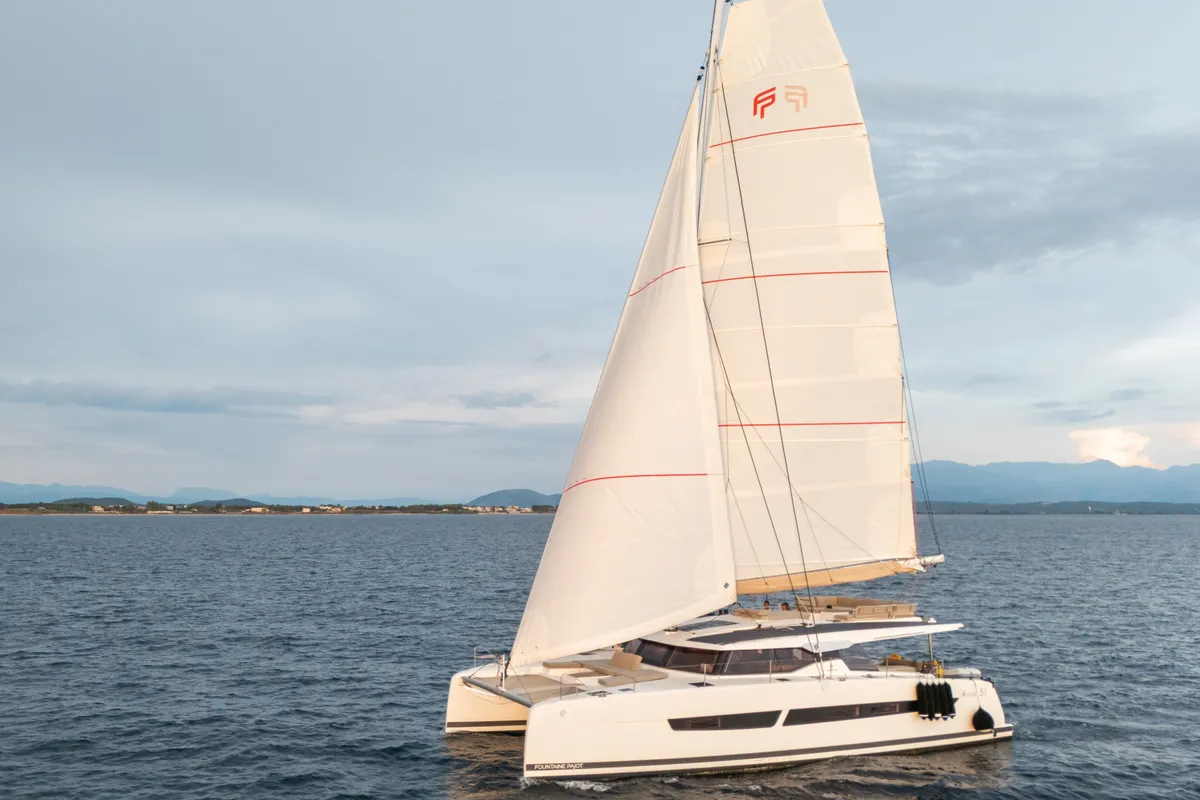 Exterior view of Tranquillity II, a Fountaine Pajot Aura 51 catamaran at Grand Anse, Grenada