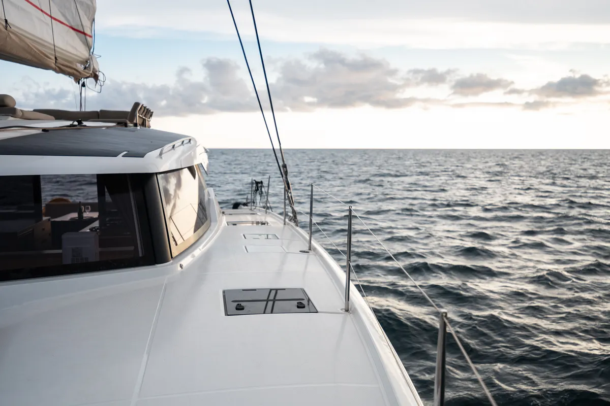 Exterior view of Tranquillity II, a Fountaine Pajot Aura 51 catamaran at Grand Anse, Grenada
