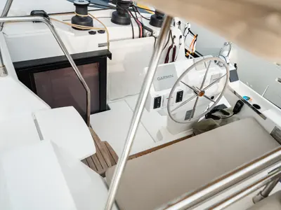 Cockpit of Tranquillity II, a Fountaine Pajot Aura 51 catamaran at Grand Anse, Grenada