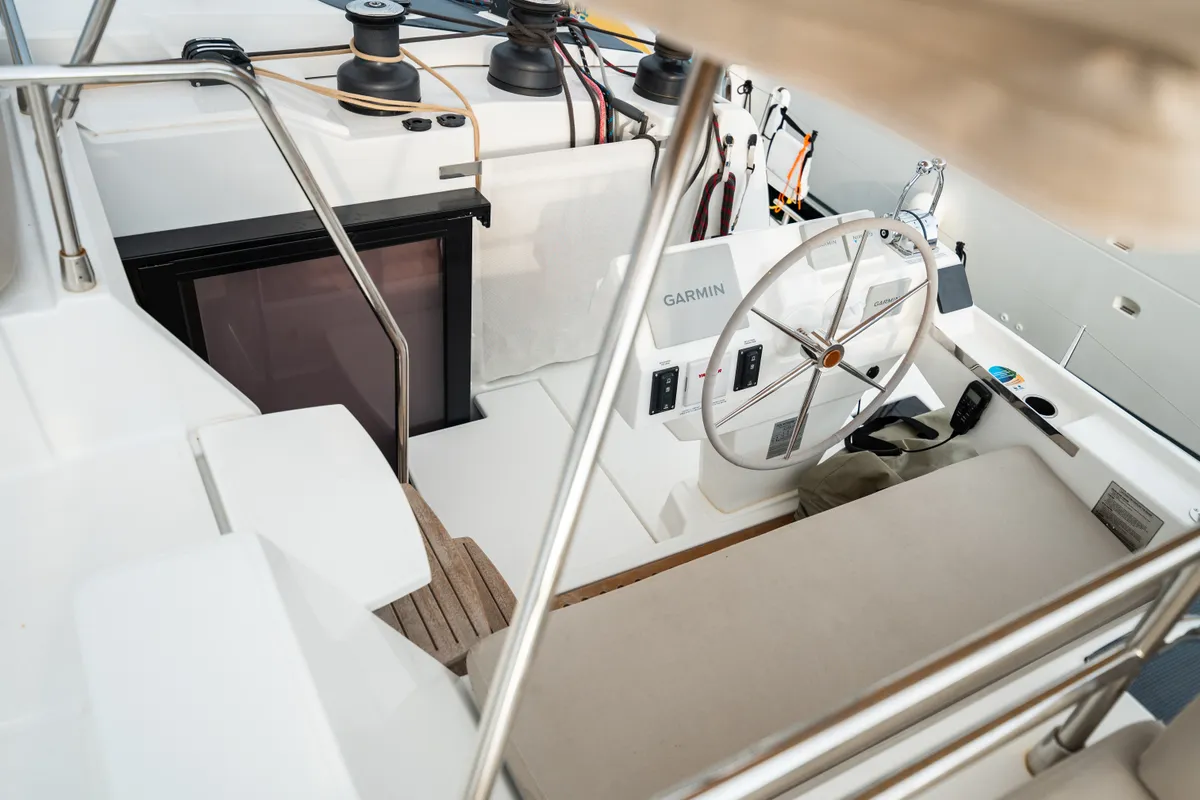 Cockpit of Tranquillity II, a Fountaine Pajot Aura 51 catamaran at Grand Anse, Grenada