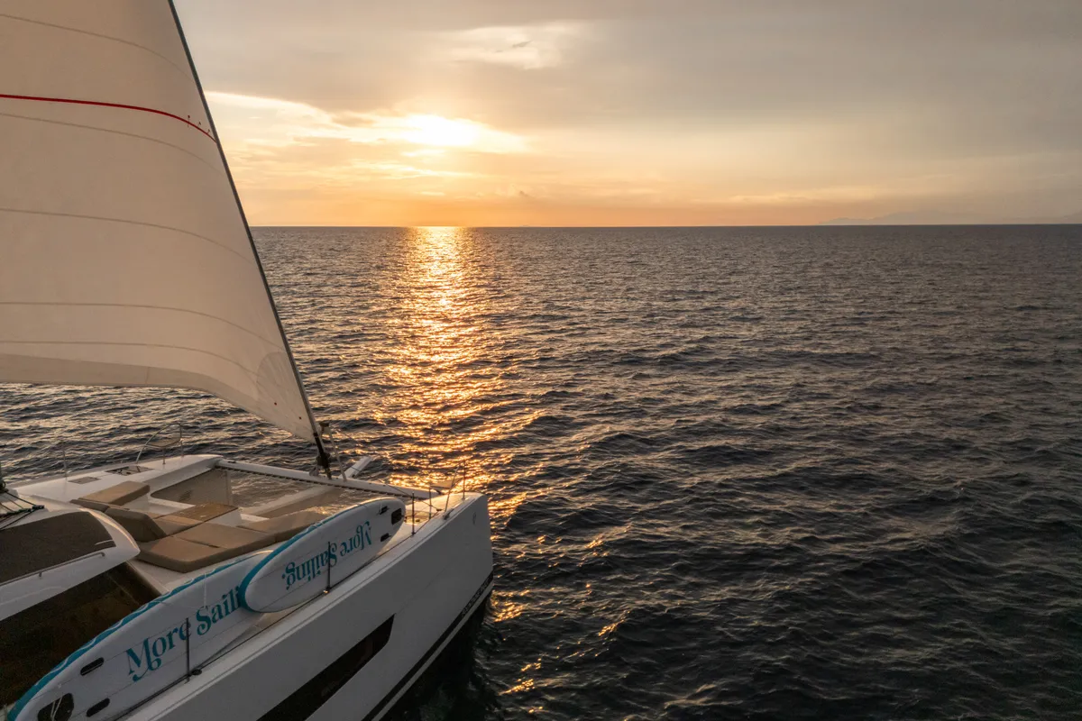 Exterior view of Tranquillity II, a Fountaine Pajot Aura 51 catamaran at Grand Anse, Grenada