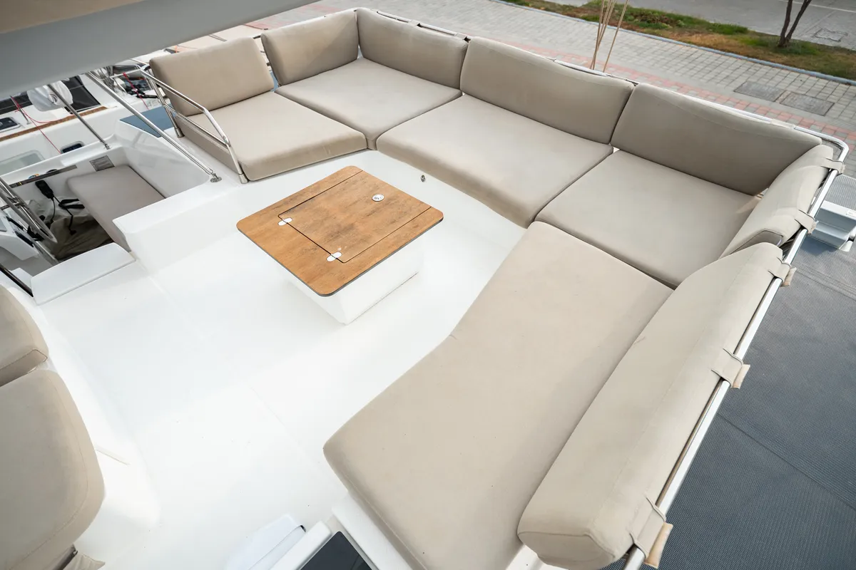 Deck of Tranquillity II, a Fountaine Pajot Aura 51 catamaran at Grand Anse, Grenada