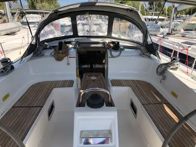 Cockpit of S/Y Amelia, a Bavaria Cruiser 46 sailboat at Kos, Greece