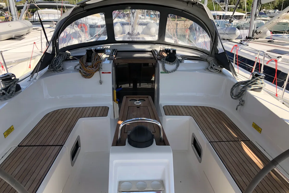 Cockpit of S/Y Amelia, a Bavaria Cruiser 46 sailboat at Kos, Greece