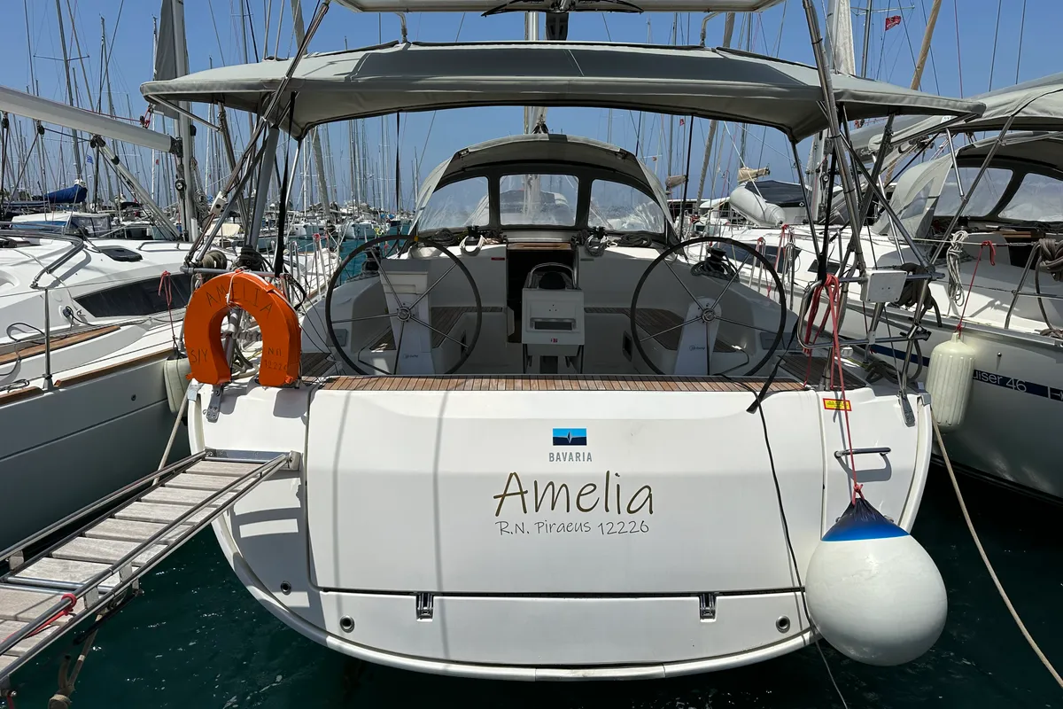 Exterior view of S/Y Amelia, a Bavaria Cruiser 46 sailboat at Kos, Greece