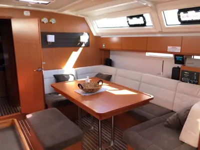 Salon of S/Y Amelia, a Bavaria Cruiser 46 sailboat at Kos, Greece