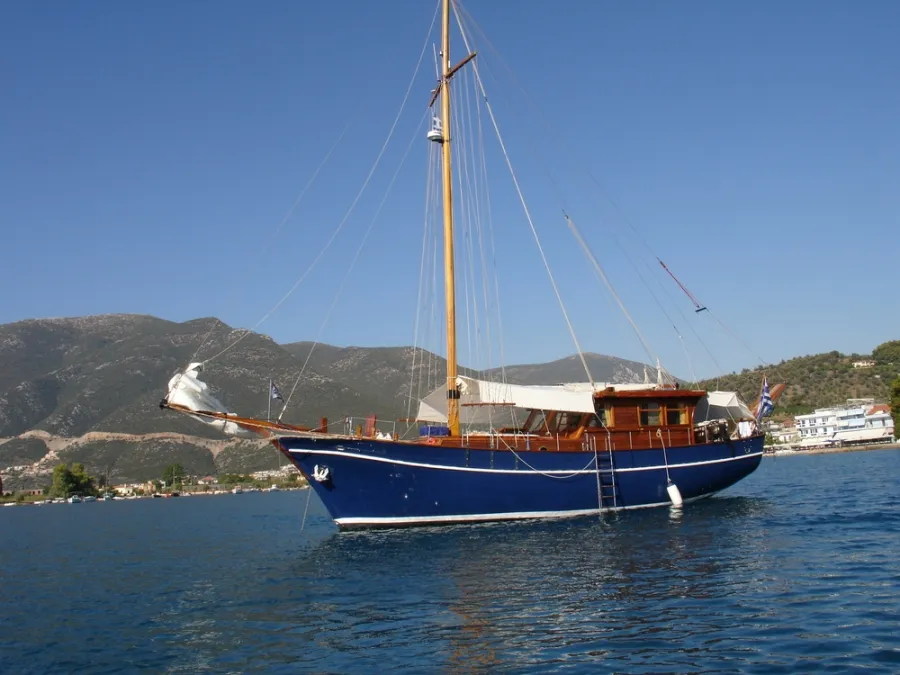 Exterior view of Aegeas, a Gulet Motor sailer sailboat at Athens, Greece