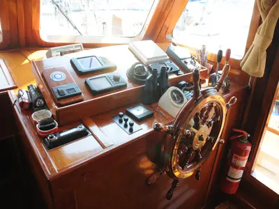 Cockpit of Aegeas, a Gulet Motor sailer sailboat at Athens, Greece