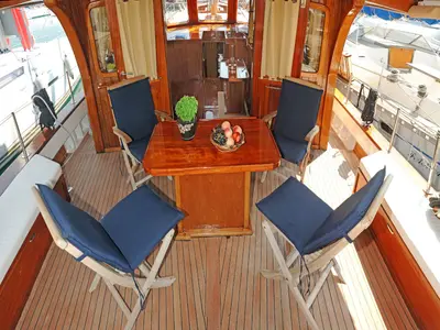 Deck of Aegeas, a Gulet Motor sailer sailboat at Athens, Greece