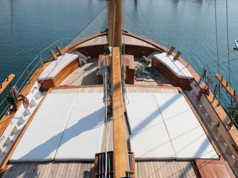 Deck of Aegeas, a Gulet Motor sailer sailboat at Athens, Greece