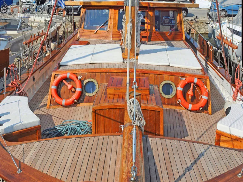 Deck of Aegeas, a Gulet Motor sailer sailboat at Athens, Greece