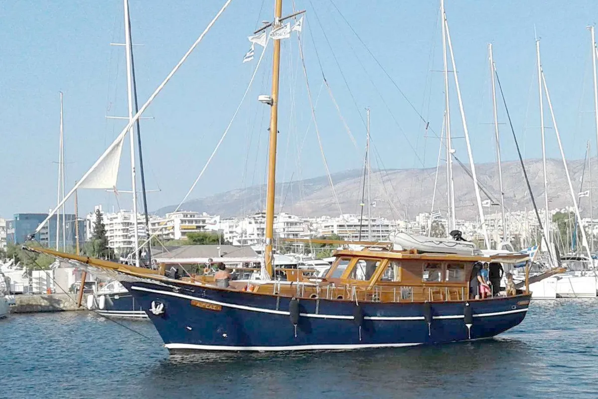 Exterior view of Aegeas, a Gulet Motor sailer sailboat at Athens, Greece