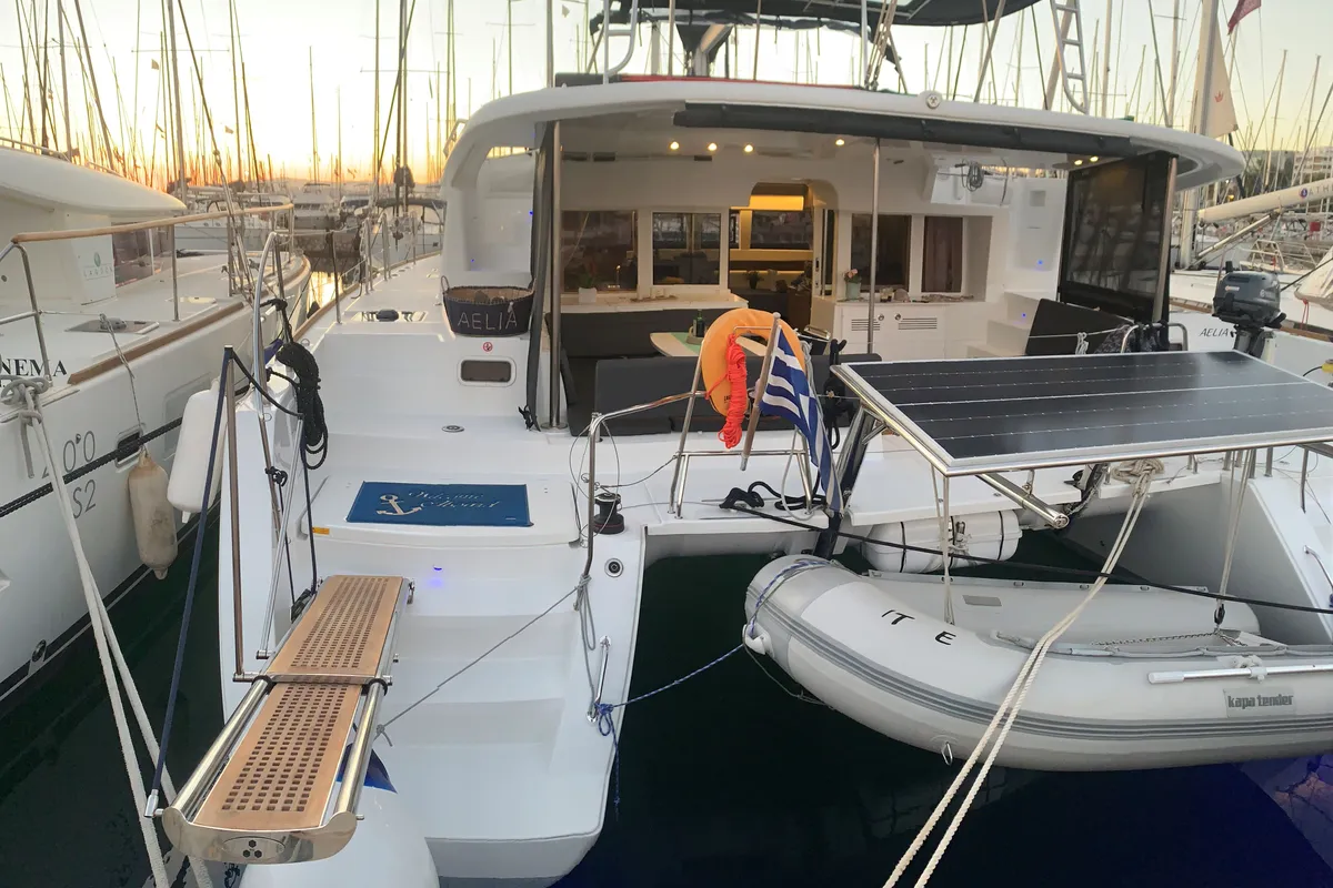 Exterior view of Aelia, a Lagoon 450 Fly catamaran at Athens, Greece