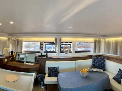 Salon of Aelia, a Lagoon 450 Fly catamaran at Athens, Greece