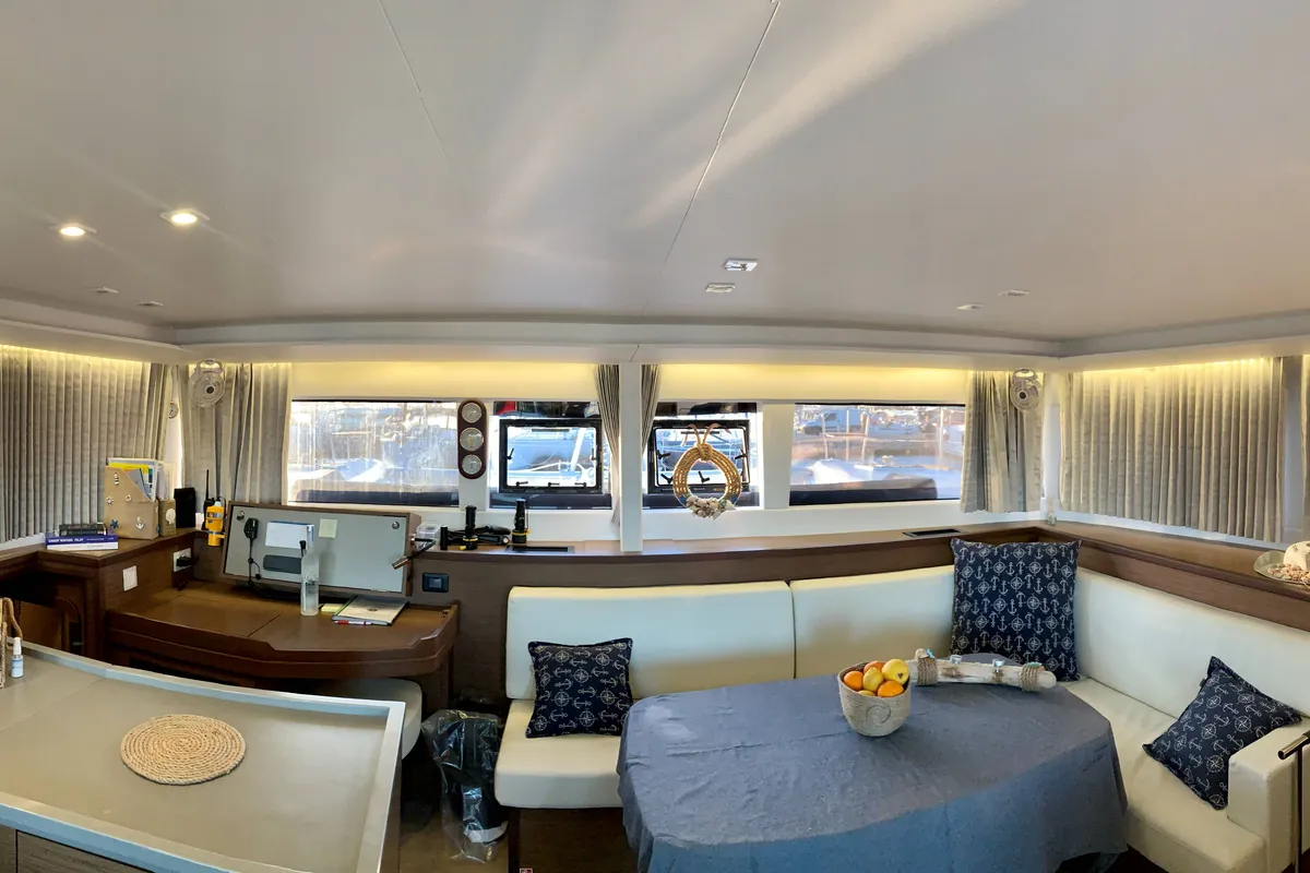 Salon of Aelia, a Lagoon 450 Fly catamaran at Athens, Greece