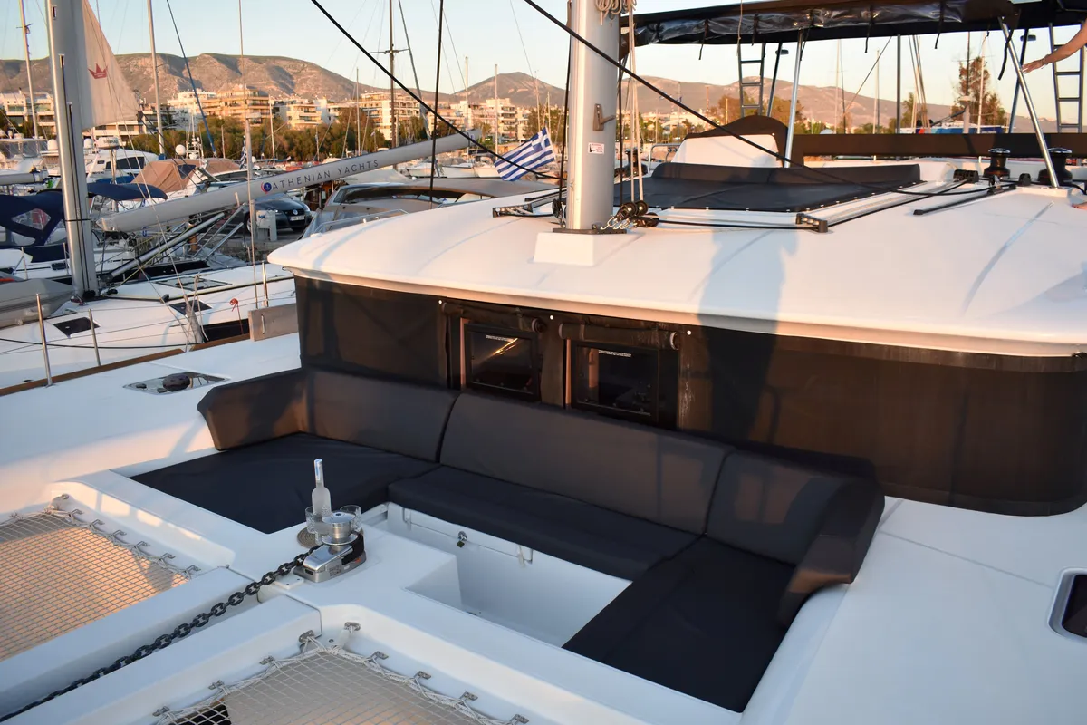 Deck of Aelia, a Lagoon 450 Fly catamaran at Athens, Greece