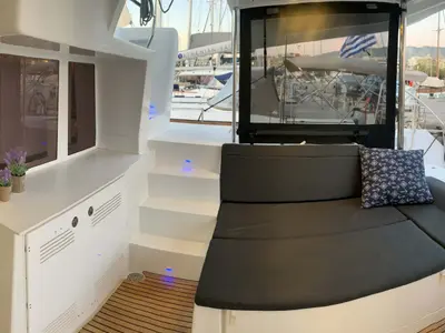 Deck of Aelia, a Lagoon 450 Fly catamaran at Athens, Greece