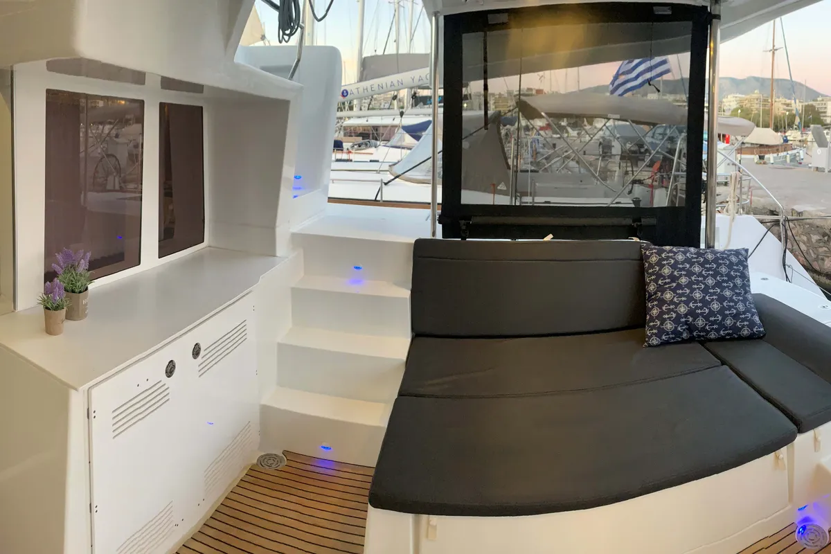 Deck of Aelia, a Lagoon 450 Fly catamaran at Athens, Greece