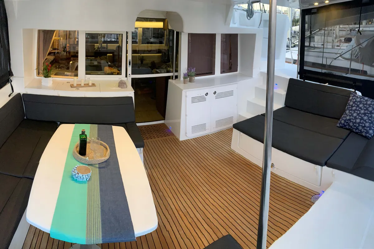Deck of Aelia, a Lagoon 450 Fly catamaran at Athens, Greece