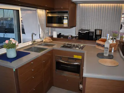 Galley of Aelia, a Lagoon 450 Fly catamaran at Athens, Greece