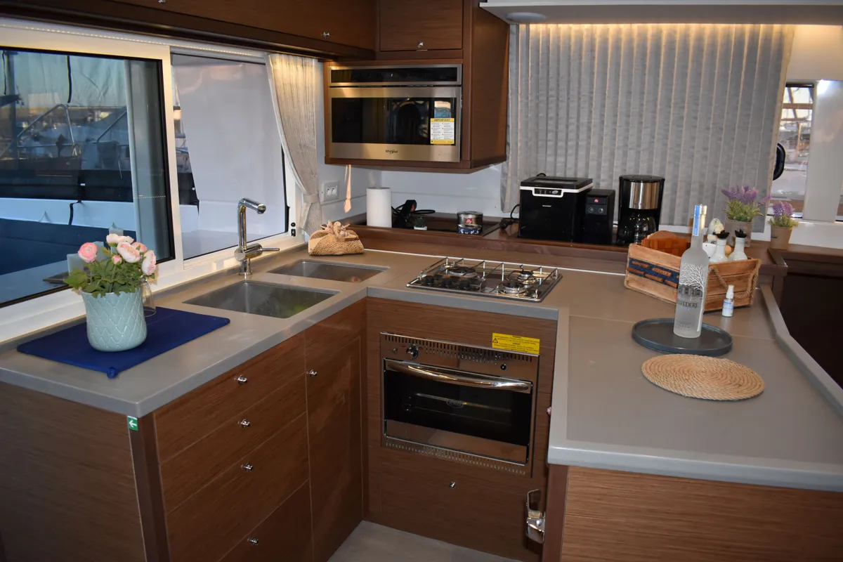 Galley of Aelia, a Lagoon 450 Fly catamaran at Athens, Greece