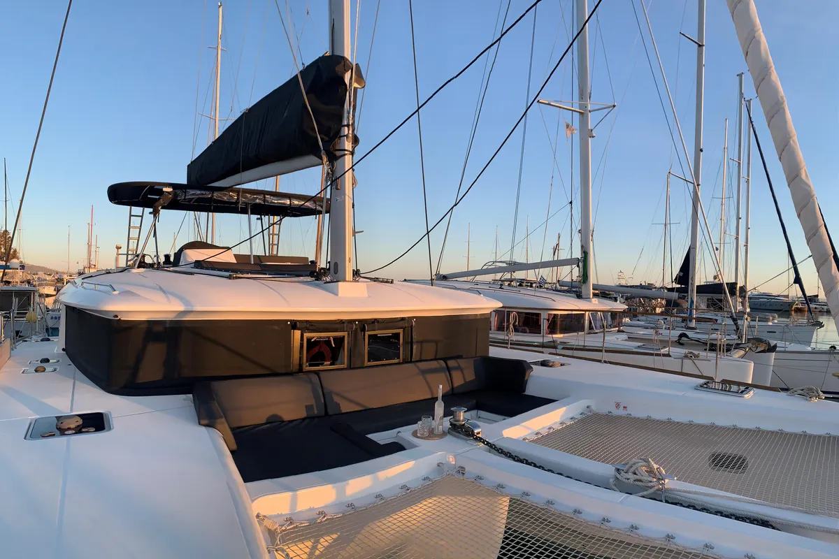 Exterior view of Aelia, a Lagoon 450 Fly catamaran at Athens, Greece