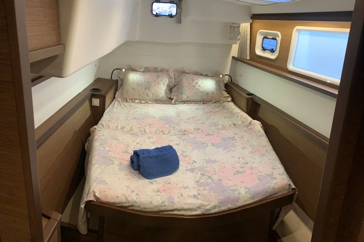 Cabin on Aelia, a Lagoon 450 Fly catamaran at Athens, Greece