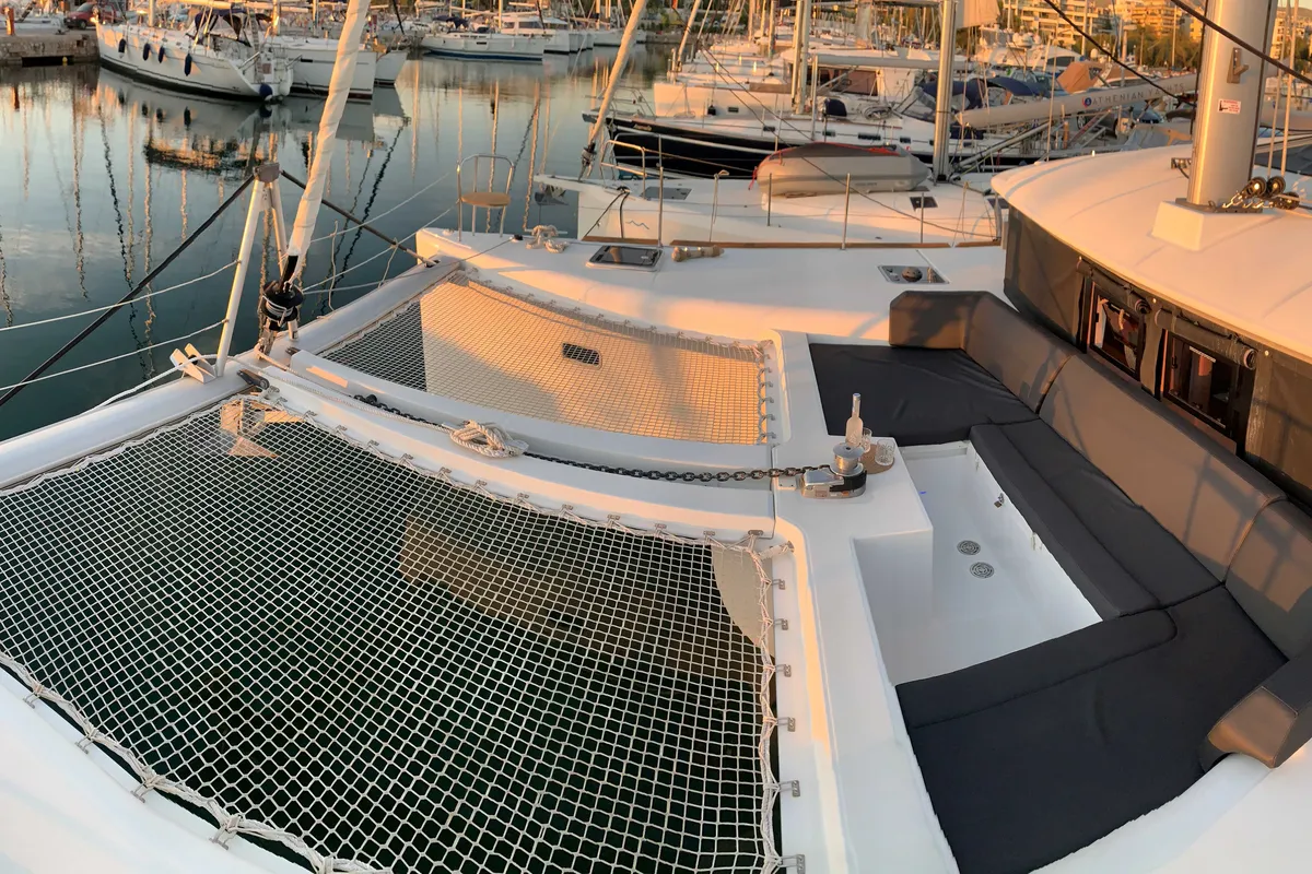 Deck of Aelia, a Lagoon 450 Fly catamaran at Athens, Greece