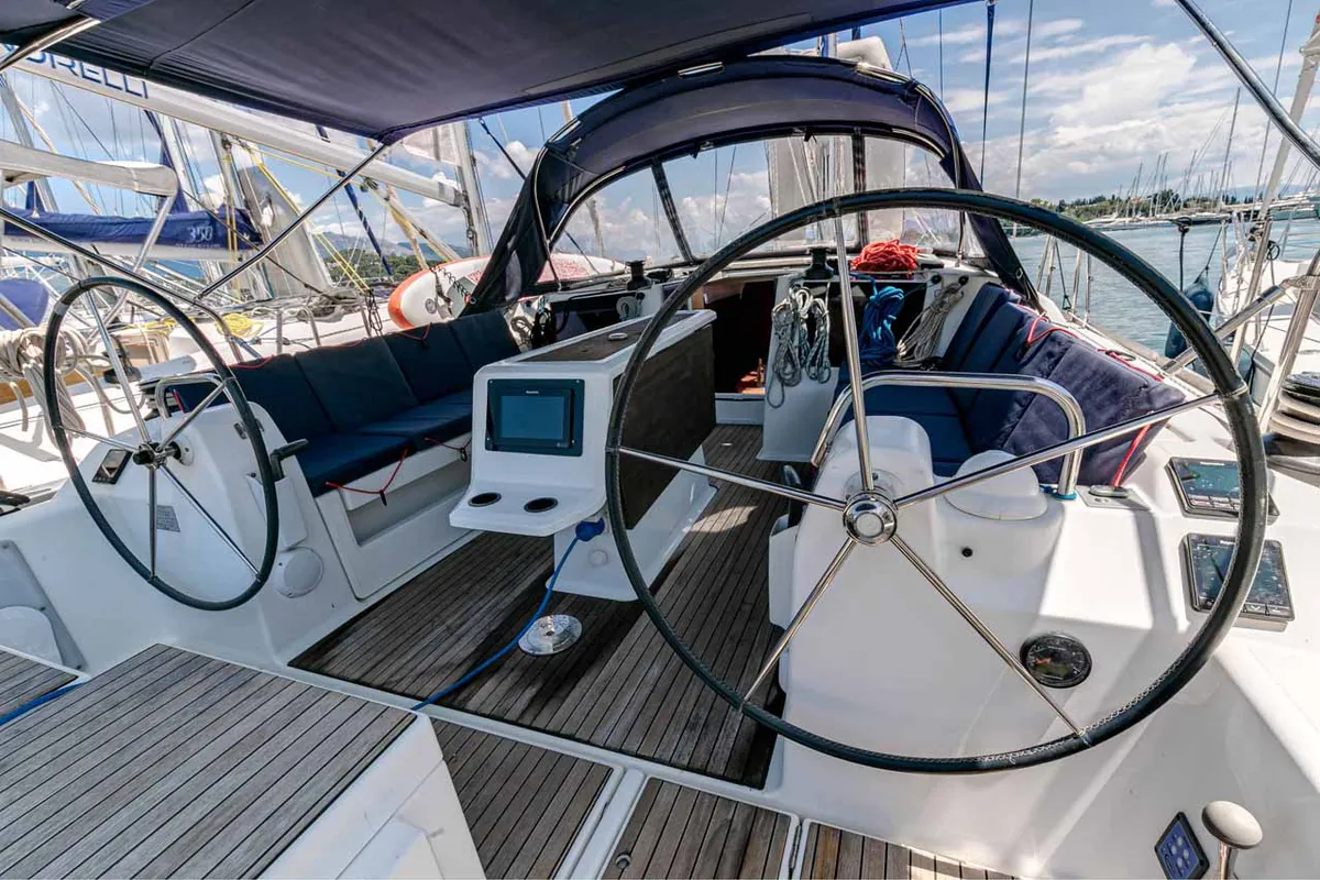 Cockpit of Southern Nights, a Dufour 412 sailboat at Kontokali, Greece
