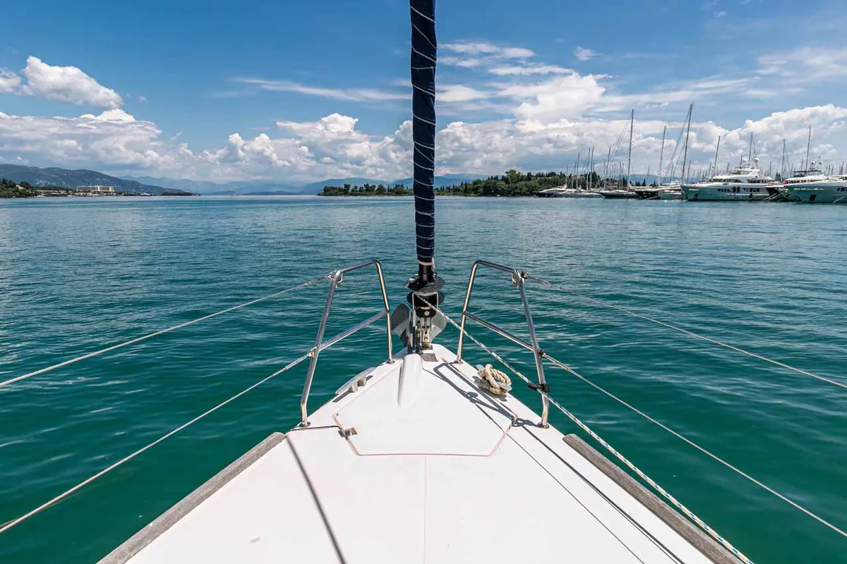 Deck of Southern Nights, a Dufour 412 sailboat at Kontokali, Greece