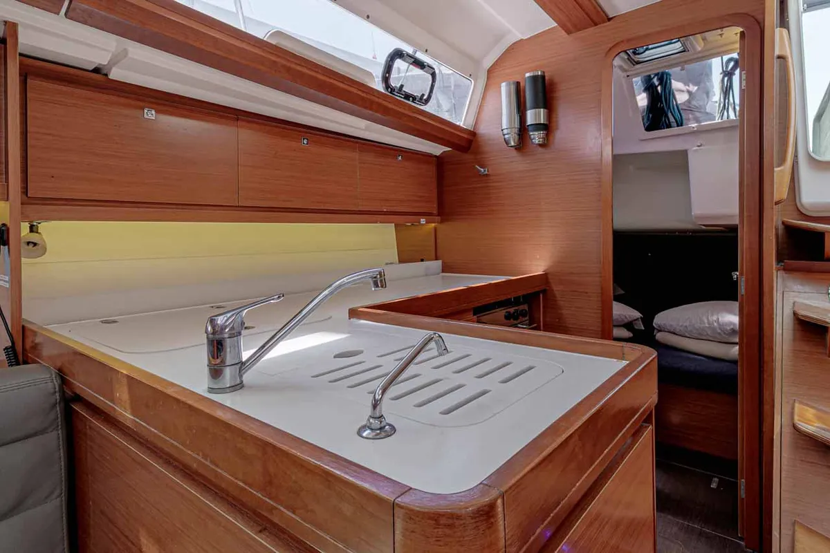 Galley of Southern Nights, a Dufour 412 sailboat at Kontokali, Greece