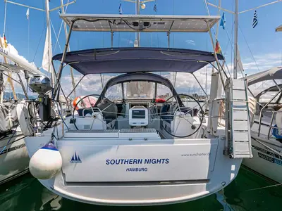 Cockpit of Southern Nights, a Dufour 412 sailboat at Kontokali, Greece