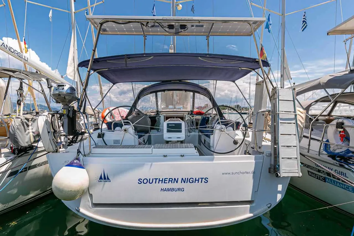 Cockpit of Southern Nights, a Dufour 412 sailboat at Kontokali, Greece