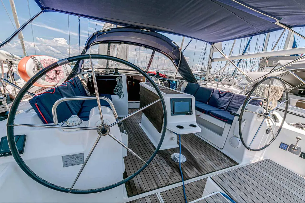 Cockpit of Southern Nights, a Dufour 412 sailboat at Kontokali, Greece