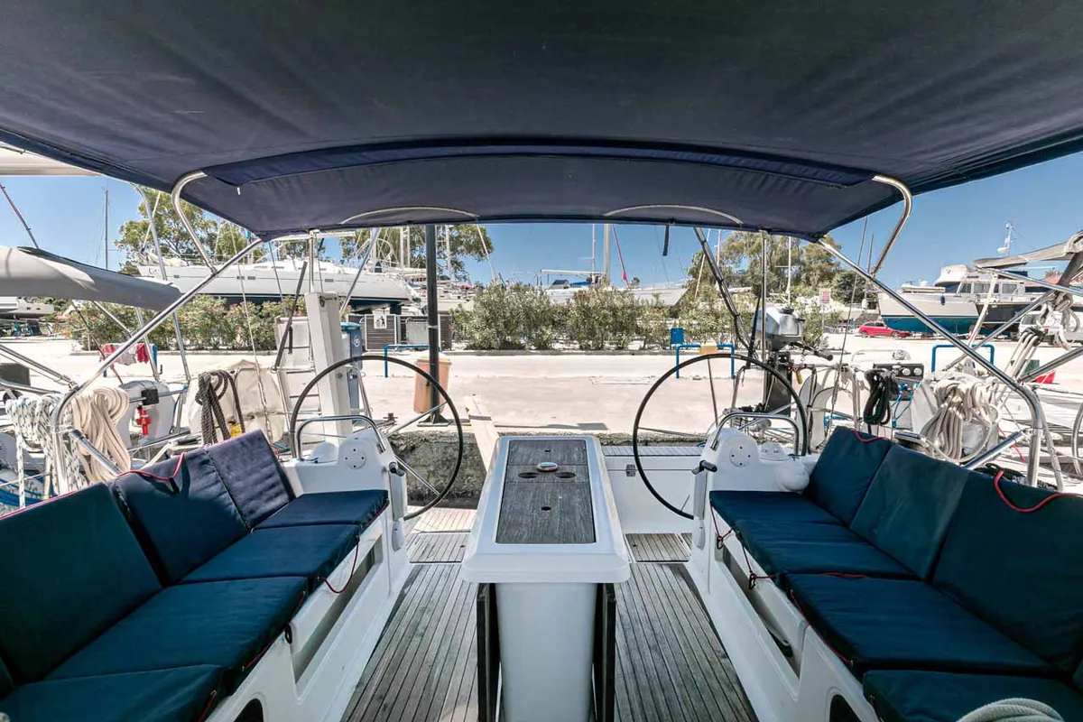 Deck of Southern Nights, a Dufour 412 sailboat at Kontokali, Greece