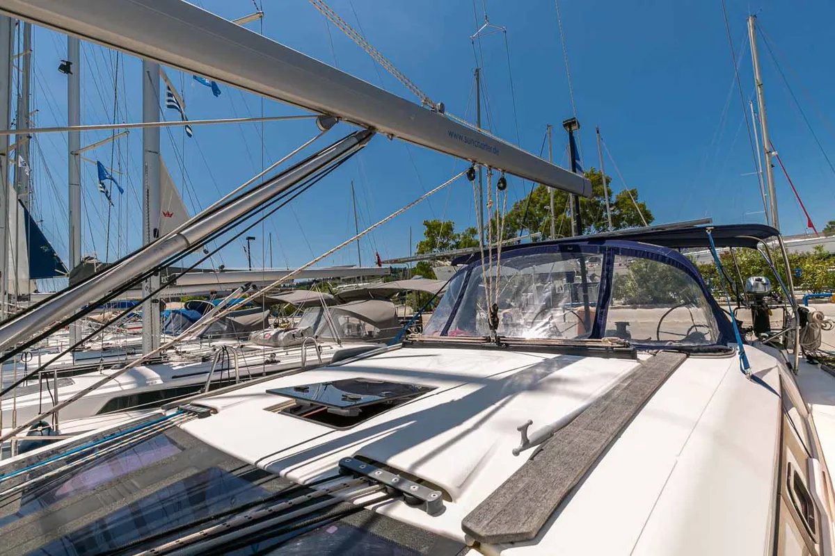 Deck of Southern Nights, a Dufour 412 sailboat at Kontokali, Greece