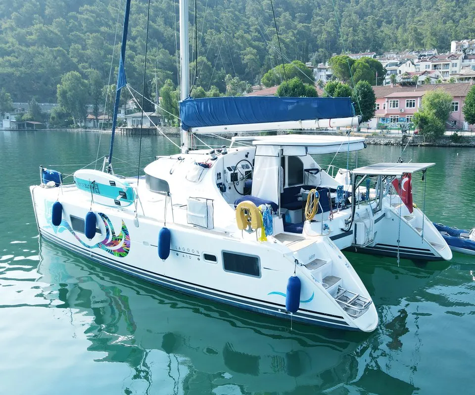 Exterior view of Aloha, a Lagoon 410 S2 catamaran at Fethiye, Turkey