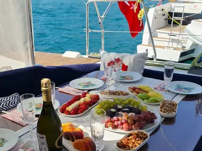 Deck of Aloha, a Lagoon 410 S2 catamaran at Fethiye, Turkey