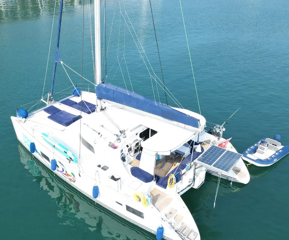 Exterior view of Aloha, a Lagoon 410 S2 catamaran at Fethiye, Turkey