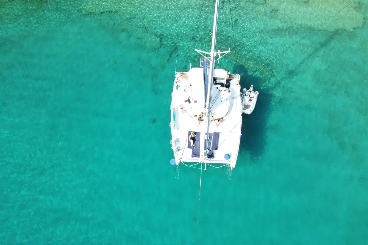 Exterior view of Aloha, a Lagoon 410 S2 catamaran at Fethiye, Turkey