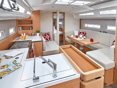 Galley of Hygge, a Jeanneau Sun Odyssey 410 sailboat at Athens, Greece